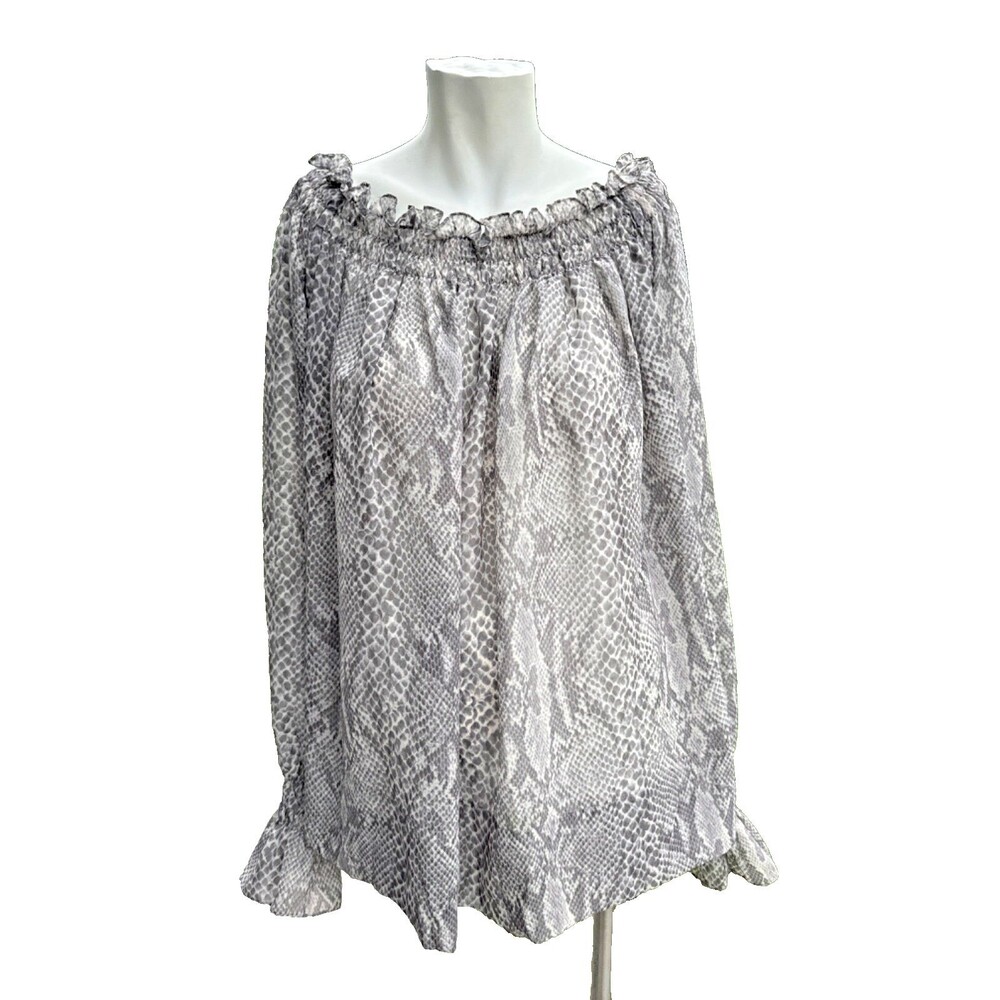 NORMA KAMALI Grey Python  XS Ruffle Off Shoulder Long Sleeves Top Blouse Y2K EUC